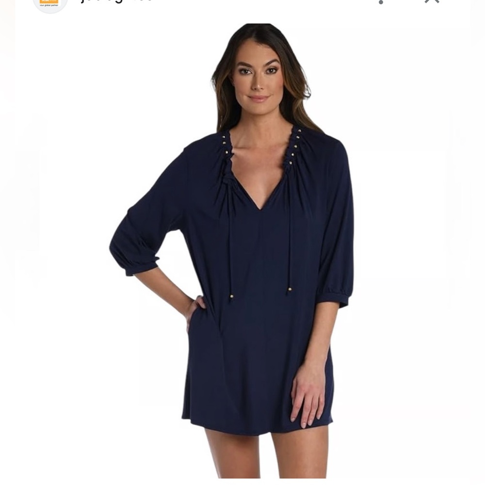 La Blanca Deep Blue Dress with Ruffled Sleeves
